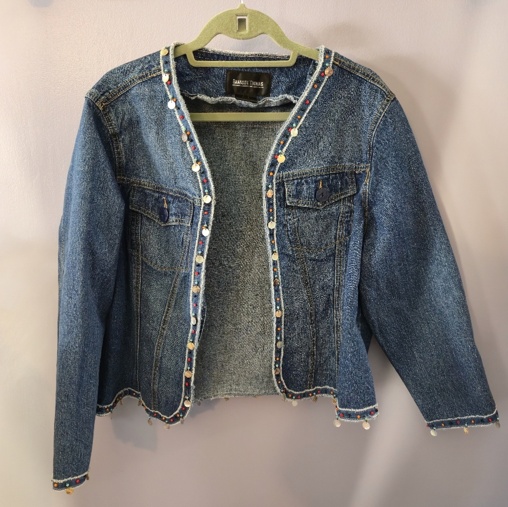 Brandon Thomas Beaded Trim Denim Jacket Women’s 1X Boho Beads Shells Fringe